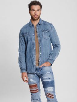 Guess - Men Blue Solid Spread Collar Full Sleeves Denim Shirt