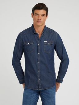 Guess - Men Blue Solid Spread Collar Full Sleeves Denim Shirt