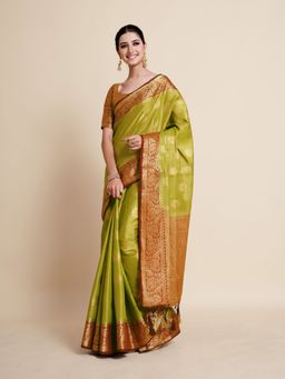 Mimosa - Women Traditional Ussi Kanjivaram Art Silk Olive Saree with Unstitched Blouse