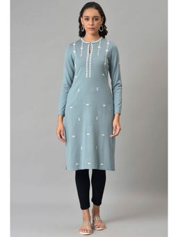 W - Blue Embroidered Winter Kurta