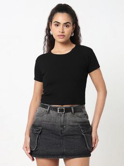 R&B - Solid Fitted Women Black Crop Top