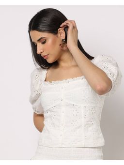 GAP - White Women Cut-Work Skinny Crop Short Sleeve Square Neck Top