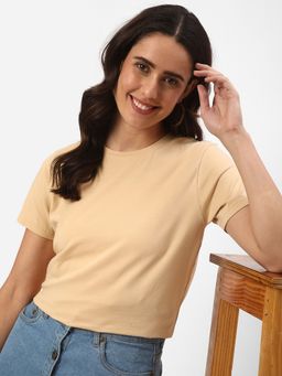 R&B - Beige Solid Regular Women T-Shirt