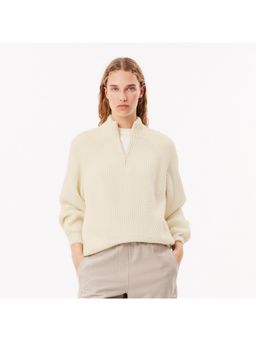 Lacoste - Women White Zipped Wool Shaker Rib Knit Sweater