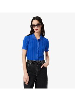 Lacoste - Women Blue Ribbed Knit Polo Collar Cardigan