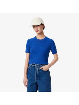 Lacoste - Women Blue Short Sleeved Rib Knit Sweater