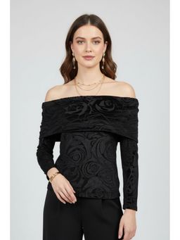 TAMISKA BY NARENDRA KUMAR - Off-Shoulder Velvet Burnout Black Top