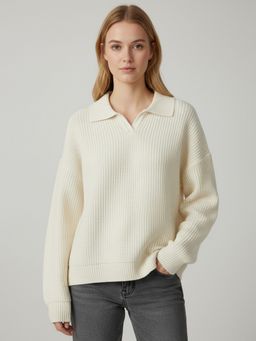CHKOKKO - Women Solid Off White Polo Collar Ribbed Pullover Sweater