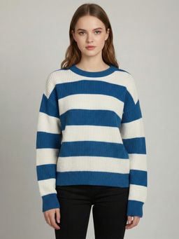 CHKOKKO - Women Blue Striped Round Neck Woolen Sweater