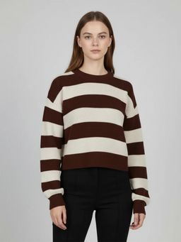 CHKOKKO - Women Brown Striped Round Neck Woolen Sweater
