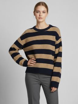 CHKOKKO - Women Navy Blue Beige Striped Round Neck Woolen Sweater