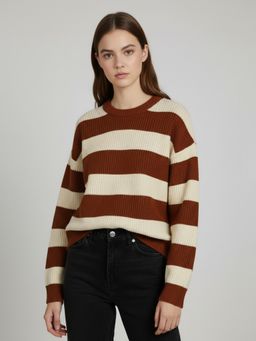 CHKOKKO - Women Rust Striped Round Neck Woolen Sweater