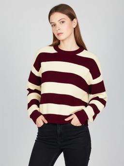 CHKOKKO - Women Wine Striped Round Neck Woolen Sweater