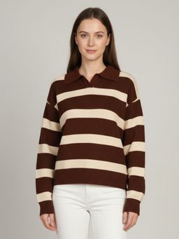 CHKOKKO - Women Brown Striped Polo Collar Pullover Sweater