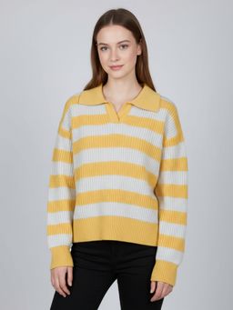 CHKOKKO - Women Yellow Striped Polo Collar Pullover Sweater