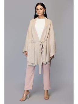 TAMISKA BY NARENDRA KUMAR - Women Beige Belted Cape Sweater with Flared Hem