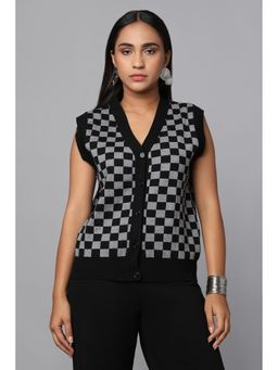 TAMISKA BY NARENDRA KUMAR - Women Black Checkmate Sleeveless Cardigan Vest