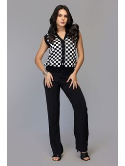 TAMISKA BY NARENDRA KUMAR - Women Black Checkmate Sleeveless Cardigan Vest