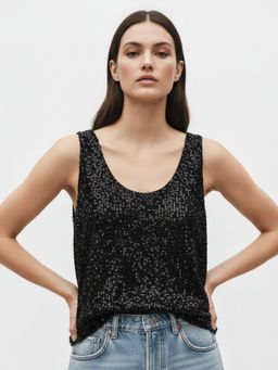 Outzidr - Black Scoop Neck Sequined Tank Top