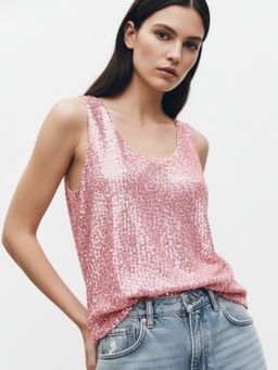 Outzidr - Pink Scoop Neck Sequined Tank Top