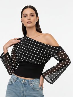 Outzidr - Black One Shoulder Polka-Dotted Crop Top
