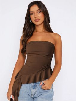 Outzidr - Brown Ruffle Hem Tube Top