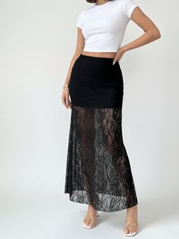 Outzidr - Black Sheer Lace Solid Skirt