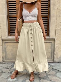 Outzidr - Cream High Waist Ruffle Hem Front Buttoned Skirt