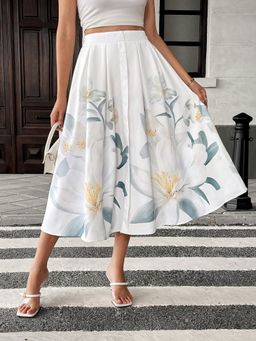 Outzidr - White High Waist Printed Flared Skirt