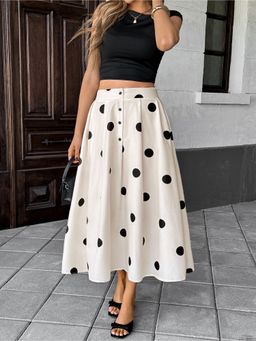 Outzidr - White High Waist Polka Printed Skirt