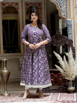 Doriyaan - Womens Purple Cotton Floral Gota Lace Work Anarkali Kurta