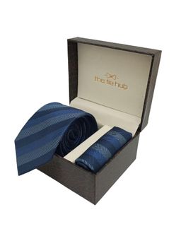 The Tie Hub - Blue Stripe Necktie with Pocket Square Combo Gift Set