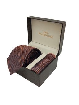 The Tie Hub - Brown Checkered Necktie With Pocket Square Combo Gift Set