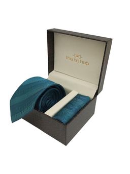 The Tie Hub - Teal Blue Stripe Necktie With Pocket Square Combo Gift Set