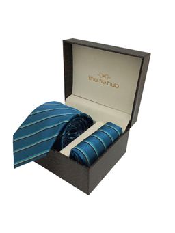 The Tie Hub - Teal Blue Stripe Necktie With Pocket Square Combo Gift Set