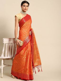 Odette - Orange Silk Blend Woven Saree with Unstitched Blouse