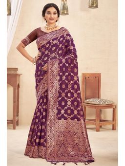 Sangam Prints - Purple Cotton Woven Zari Work Traditional Tassel Saree with Unstitched Blouse
