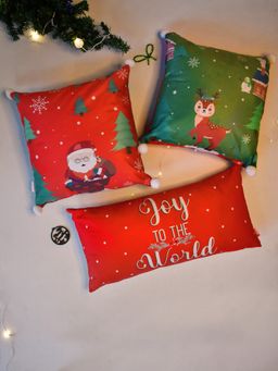 Indigifts - Christmas Joy Of the Word Quotes Printed Reversible Cushion Set of 3 Red, Green and White