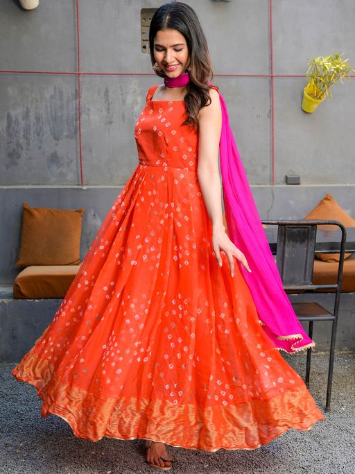 bandhani long dress Vibrant Sindoori Bandhani Long Dress Gillori