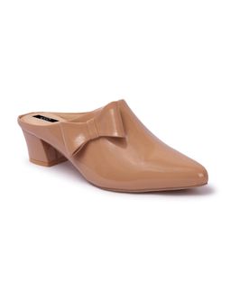 Twenty Dresses by Nykaa Fashion - Womens Beige Pointed Toe Patent Leather Block Heels Mules