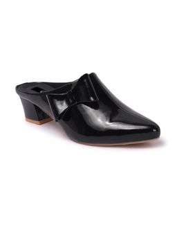 Twenty Dresses by Nykaa Fashion - Womens Black Pointed Toe Patent Leather Block Heels Mules