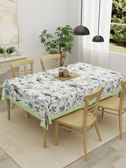 The Home Story - Cotton 4 Seater Table Cover 54 x 78 Inch Blue Flowers Green Leaves