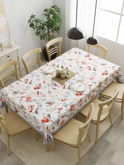 The Home Story - Cotton 8 Seater Table Cover 60 x 108 Inch Grey Birds Brown Flowers