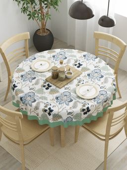 The Home Story - Cotton 4 Seater Round Table Cover 60 x 60 Inch Green Beige Leaves