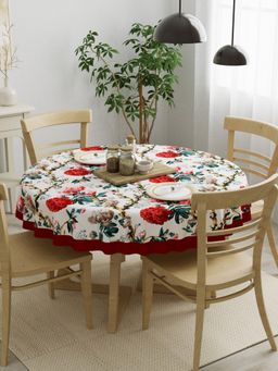 The Home Story - Cotton 4 Seater Round Table Cover 60 x 60 Inch Floral Printed with Rust Border