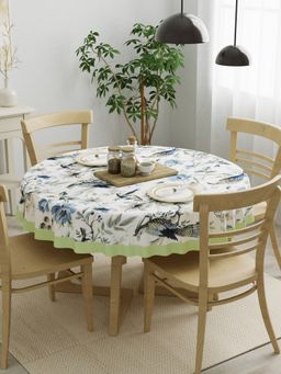 The Home Story - Cotton 4 Seater Round Table Cover 60 x 60 Inch Blue Flowers Green Leaves