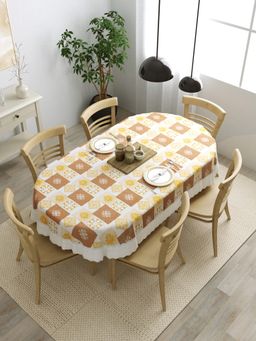 The Home Story - 6 Seater Oval Dining Table Cover 60 x 90 Inch Brown and Yellow Checks