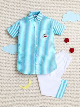 Little Clothings - Blue Striped Baby Shark Patch Pyjama Set