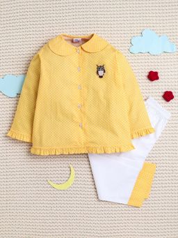 Little Clothings - Yellow Polka Dots Owl Patch Pyjama Set