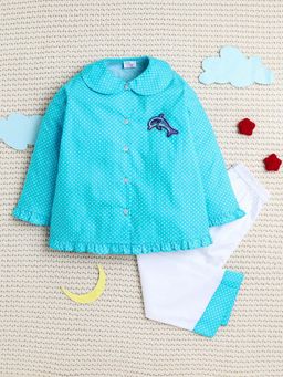 Little Clothings - Blue Polka Dots Dolphin Patch Pyjama Set
